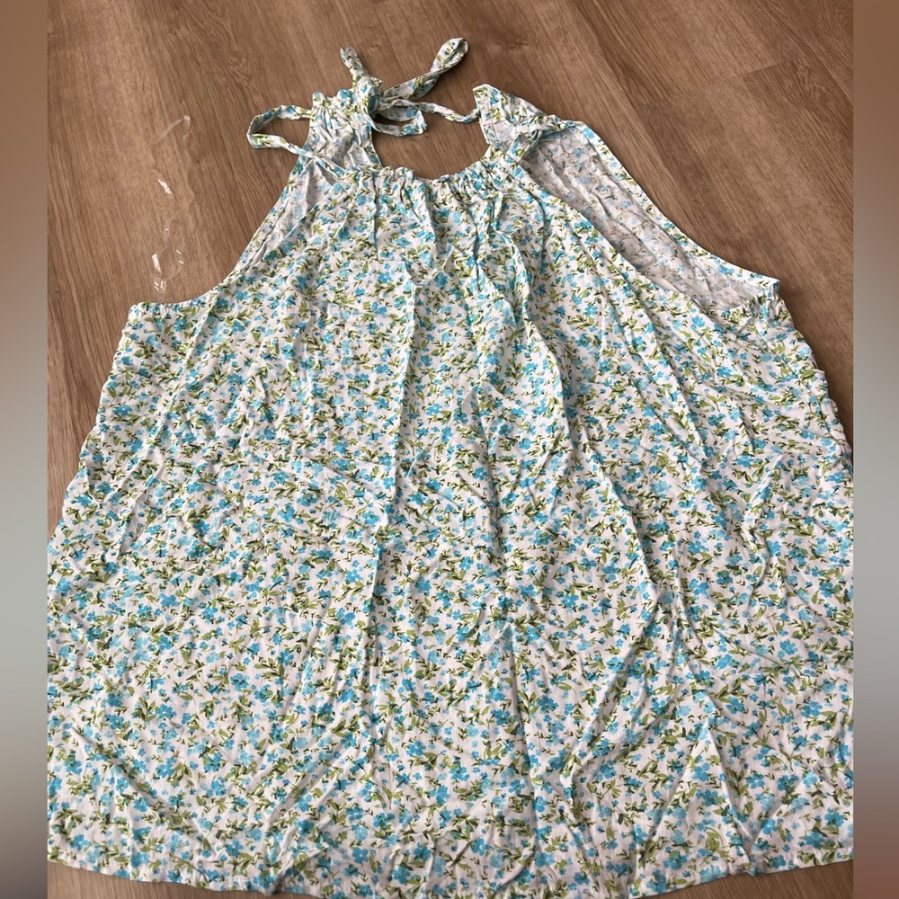 Blue and White Floral Sleeveless Ruffled Top